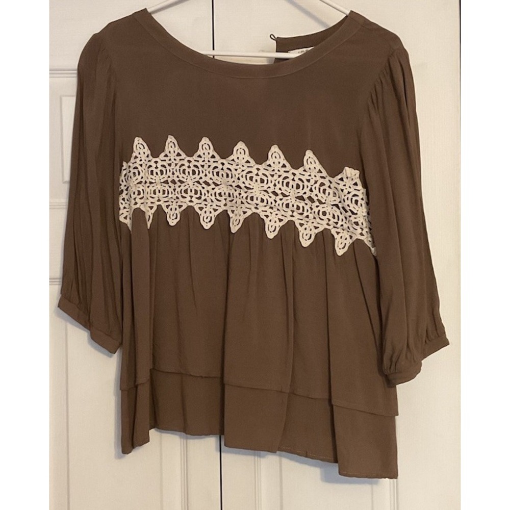 Umgee Brown White 3/4 Sleeve Blouse Ruffle‎ Romantic Top Size Large